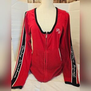 Harley Davidson Red Embroidered Striped V Neck Full Zip Sweatshirt Sz L Cotton